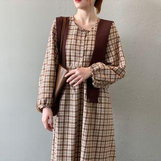 Plaid Midi A-line Dress With Shawl