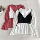 Set:plain Crewneck Flare-sleeve Blouse + Eyelet-lace Strap Top