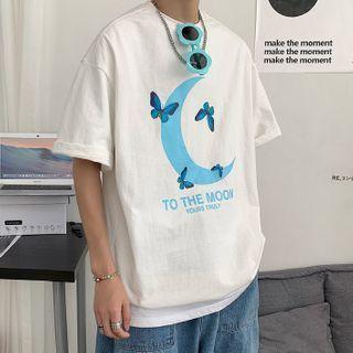 Short-sleeve Moon Print Loose-fit T-shirt
