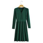 V-neck Knit Midi A-line Dress Green - One Size