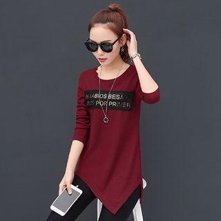 Long-sleeve Applique Diagonal-hem Top