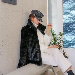 Funnel-neck Faux-fur Zip Jacket Black - One Size