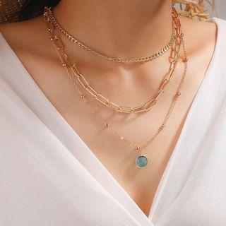 Faux Crystal Pendant Layered Necklace 10202 - 1 Pc - Gold & Silver - One Size