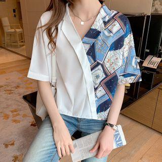 Asymmetrical Short-sleeve Floral Print Blouse