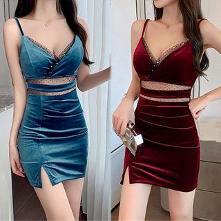 Spaghetti Strap Velvet Mesh Panel Bodycon Dress