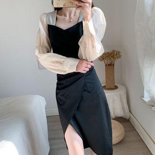 Long-sleeve Square Neck Two-tone Tulip Chiffon Dress