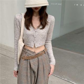 V-neck Cropped Cardigan / Plaid Wide-leg Pants