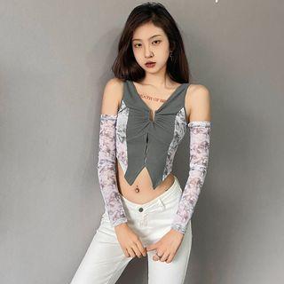 Long-sleeve Cold Shoulder Print Mesh Crop Top