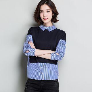 Mock Two-piece Pinstripe Collared Sweatshirt