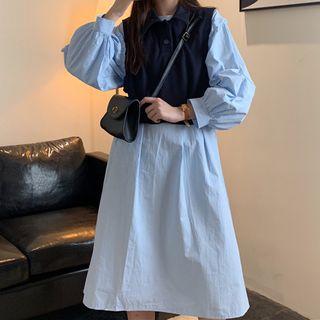 Ruffled Balloon-sleeve Midi A-line Dress / Cropped Polo Vest