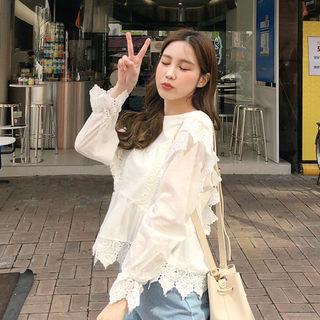 Keyhole-back Lace-trim Top White - One Size
