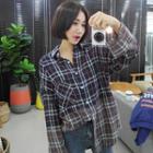 Two-tone Loose-fit Plaid Shirt Navy Blue - One Size
