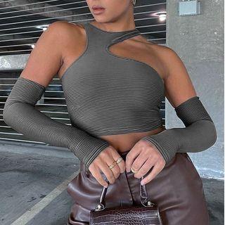Set: Sleeveless Asymmetrical Striped Crop Top + Arm Sleeves