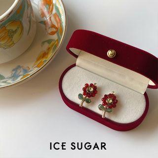 Floral Sterling Silver Ear Stud 1 Pair - Stud Earring - 925 Silver Needle - Red & Green - One Size