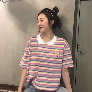 Lemon Embroidered Short-sleeve Stripe Polo Shirt