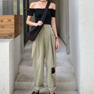 Ruffle Trim Off-shoulder Top / Wide Leg Pants