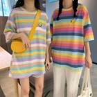 Short Sleeve Embroidered Rainbow Striped T-shirt