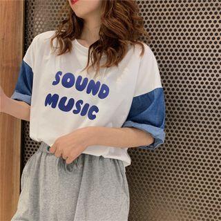 Denim Panel Short-sleeve Lettering T-shirt