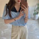 Short-sleeve Collared Blouse Blue - One Size