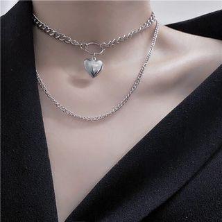Heart Layered Chain Necklace 1pc - Silver - One Size