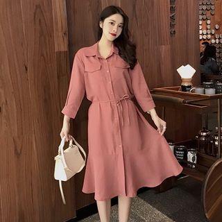 Drawstring-cuff Ruffle Hem Midi Shirtdress