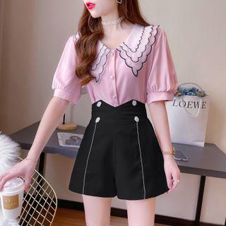 Set: Short-sleeve Scallop Trim Blouse + Rhinestone Shorts