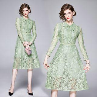 Tie-neck Long-sleeve A-line Midi Lace Dress