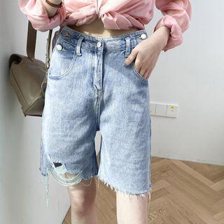 High-waist Washed Ripped Straight-cut Shorts