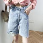High-waist Washed Ripped Straight-cut Shorts