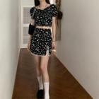 Leopard Print Short-sleeve Cropped Top / Lace Trim Mini Pencil Skirt