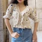 Floral Embroidered Short-sleeve Pointelle Knit Top