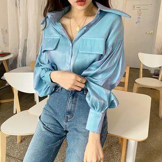 Flap Balloon-sleeve Satin Blouse