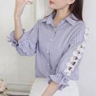 3/4-sleeve Pinstriped Lace Panel Shirt