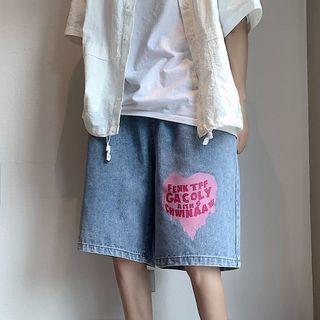High-waist Heart Print Lettering Denim Shorts