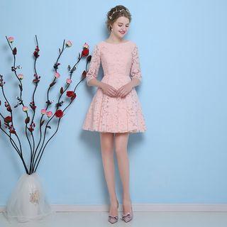 Lace Elbow Sleeve A-line Evening Dress