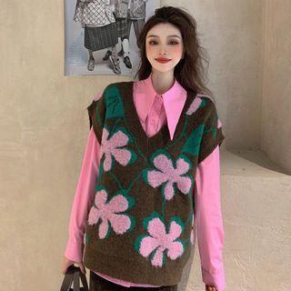 Long-sleeve Shirt / Floral Pattern Sweater Vest / Slit Midi Pencil Skirt