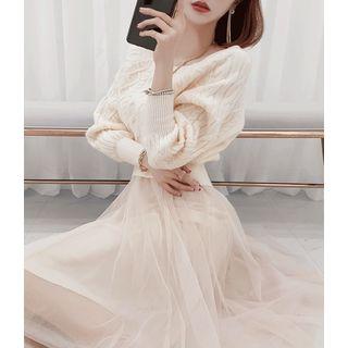 Set: Boatneck Cable Sweater + Tulle Tank Dress