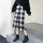 High-waist Woolen Plaid Midi A-line Skirt