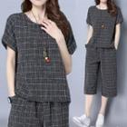 Set: Short-sleeve Plaid Top + Wide-leg Cropped Pants