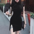 Cap-sleeve Velvet Short Qipao Dress