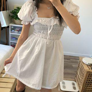 Puff-sleeve Smocked A-line Dress White - One Size