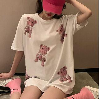 Short-sleeve Embellished Bear Print T-shirt As Shown In Figure - One Size