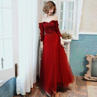 Off-shoulder Embroidered Sequined Evening Gown