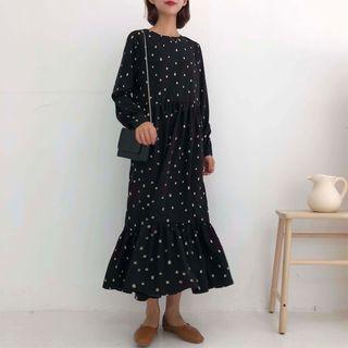 Long-sleeve Dotted Midi A-line Chiffon Dress Black - One Size