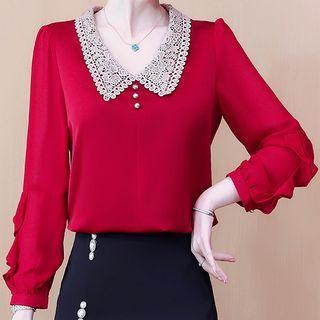 Long-sleeve Lace Collar V-neck Blouse