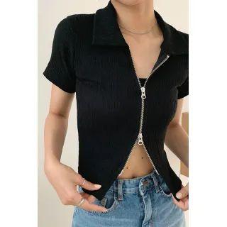 Collared Crinkled Zip-up Cardigan