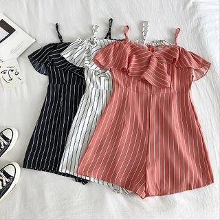 Cold-shoulder Pinstriped Wide Leg Playsuit