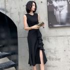 Sleeveless Frill Trim Midi Mermaid Dress