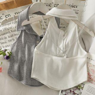 Chain-back Polo-collar Halter Top