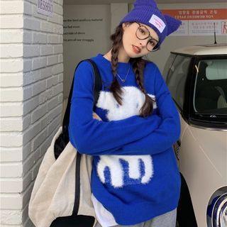 Round-neck Color Block Long-sleeve Sweater Blue - One Size